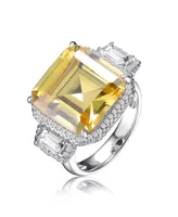 Genevive Sterling Silver with Rhodium Plated Yellow Asscher Clear Emerald Cubic Zirconia Halo Three-Stone Ring