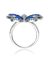 Genevive Sterling Silver with Rhodium Plated and Blue Cubic Zirconia Butterfly Ring