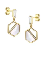 14k Gold Plated Sterling Silver with Mother of Pearl & Cubic Zirconia Hexagon Dangle Earrings