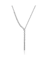 Genevive Rhodium-Plated with Cubic ZIrconia Asymmetrical Waterfall Y-Necklace in Sterling Silver