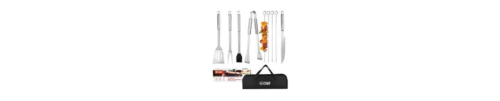 Commercial Chef 10 Piece Stainless Steel Barbeque Grill Tool Set with Carry Bag