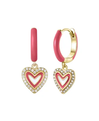 Kids/teens 14k Gold Plated with Cubic Zirconia & Magenta-Red Enamel Halo Heart Dangle Charm Hoop Earrings