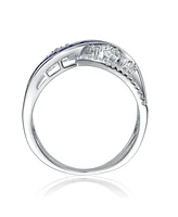 Genevive Sterling Silver Rhodium Plated with Sapphire Cubic Zirconia Criss-Cross Ring