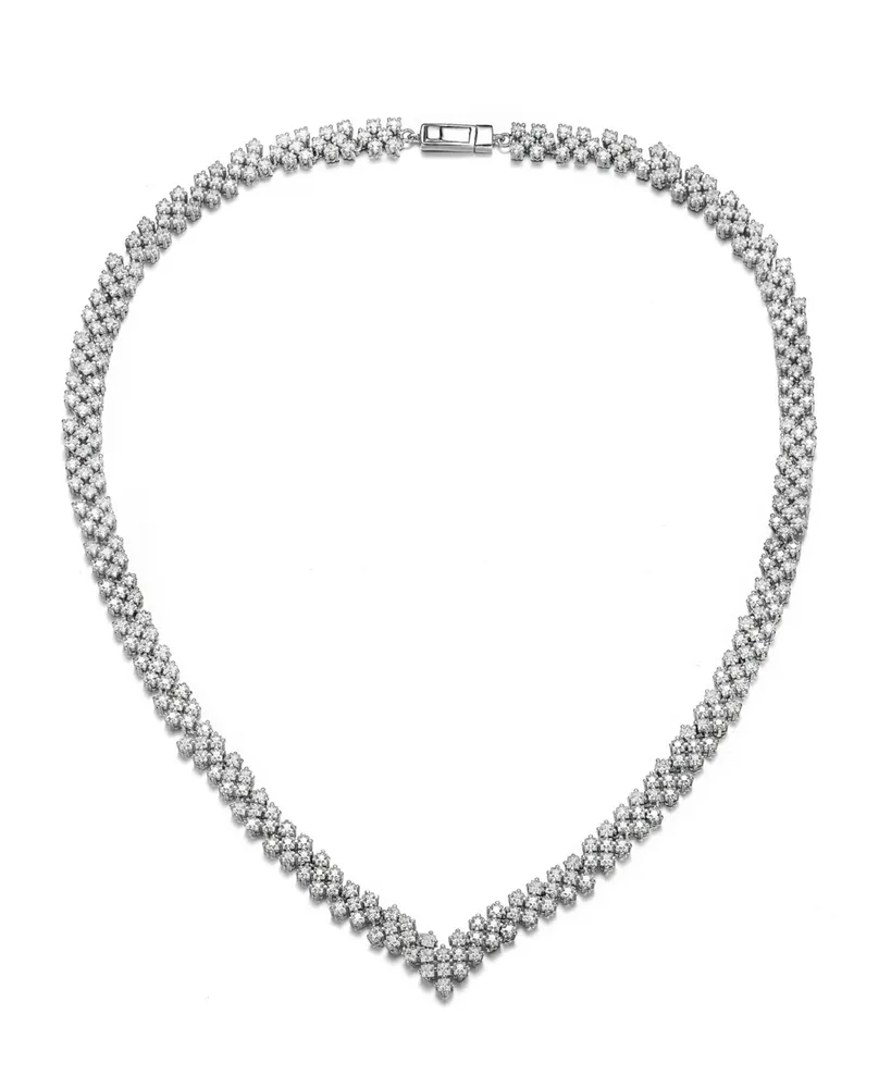 Genevive Radiant Three-Row Sterling Silver Necklace with Clear Princess Cubic Zirconia and Rhodium Plating