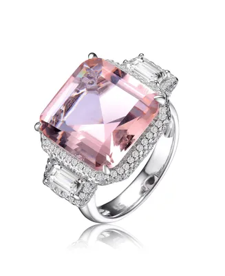 Genevive Sterling Silver with Rhodium Plated Morganite Asscher with Clear Emerald Cubic Zirconia Halo Three-Stone Ring