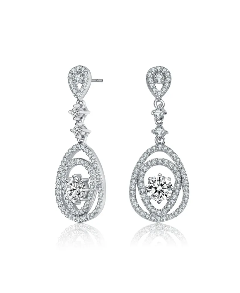 Genevive Sterling Silver with Rhodium Plated Clear Round Cubic Zirconia Double Pear Drop Earrings