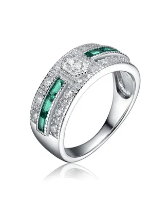 Genevive Radiant Sterling Silver Cocktail Ring with Pave Emerald Cubic Zirconia