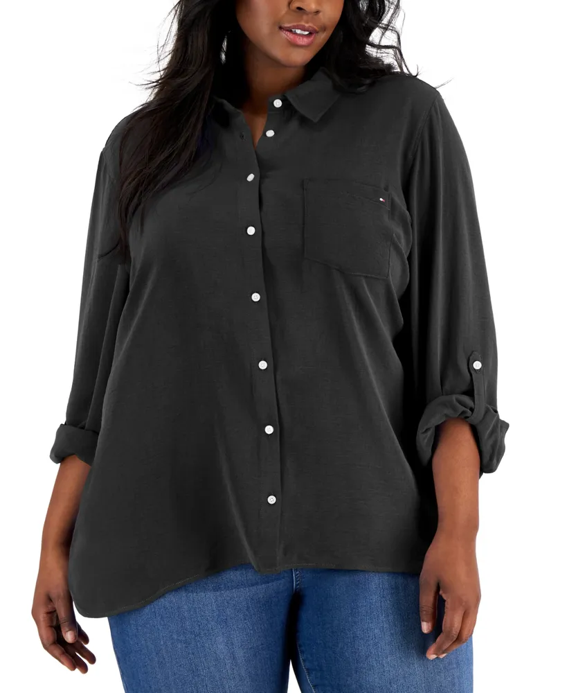 Women's Roll-Tab-Sleeve Button-Down Emblem Shirt