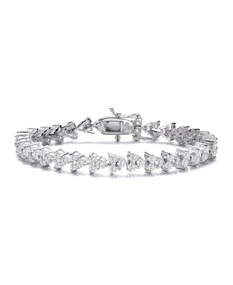 Genevive Sterling Silver with Rhodium Plated Clear Round Cubic Zirconia 3-Stone Triangular Link Bracelet