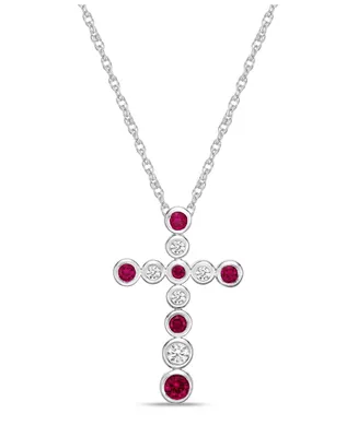 Sterling Silver modern 7/8 (ct. t. w.) Alternating Lab Grown Ruby and Lab Grown White Sapphire Bezel Set Cross Pendant Necklace