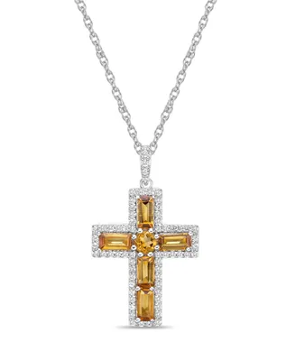 Sterling Silver Halo Birthstone Style Genuine Citrine and White Topaz Fancy Cut Cross Pendant Necklace
