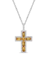 Sterling Silver Halo Birthstone Style Genuine Citrine and White Topaz Fancy Cut Cross Pendant Necklace