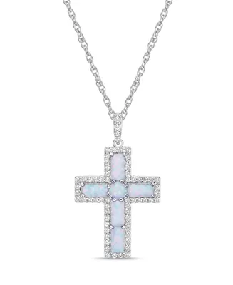 Sterling Silver Halo Birthstone Style Lab Grown Opal and Lab Grown White Sapphire Fancy Cut Cross Pendant Necklace