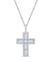 Sterling Silver Halo Birthstone Style Lab Grown Opal and Lab Grown White Sapphire Fancy Cut Cross Pendant Necklace