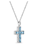 Sterling Silver Halo Birthstone Style Genuine Swiss Blue and White Topaz Fancy Cut Cross Pendant Necklace