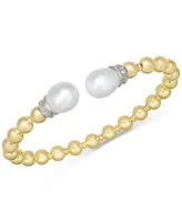 Cultured Freshwater Pearl (9-1/2 x 10-1/2mm) & Cubic Zirconia Beaded Cuff Bracelet