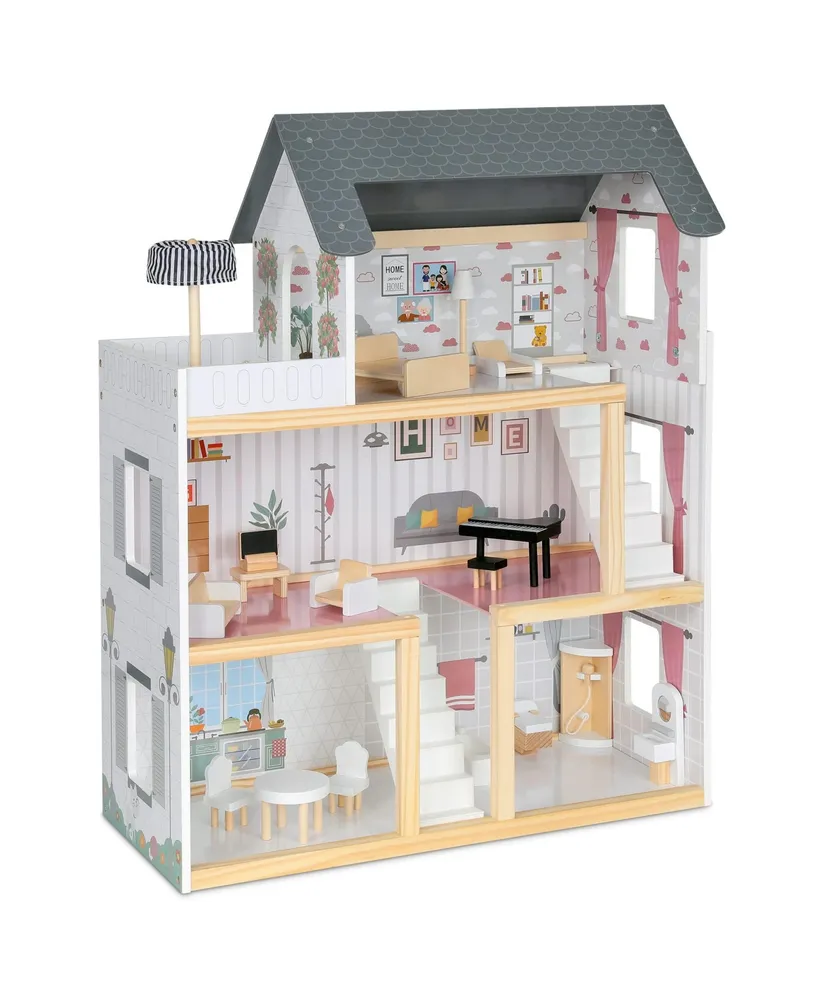 Lil Jumbl Kids 3-Floor, 17-Piece Wooden Dollhouse with 2 Staircases