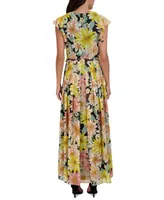Donna Ricco Flutter-Sleeve Printed Chiffon Maxi Dress