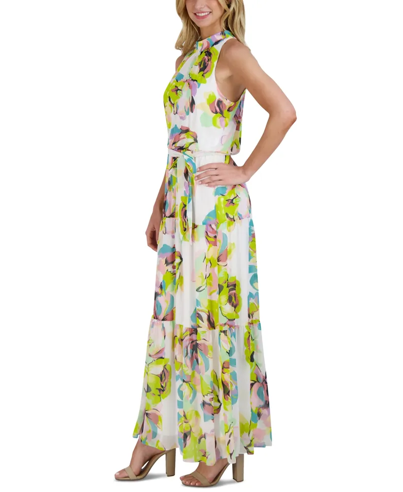 julia jordan Mock-Neck Tiered Printed Chiffon Maxi Dress
