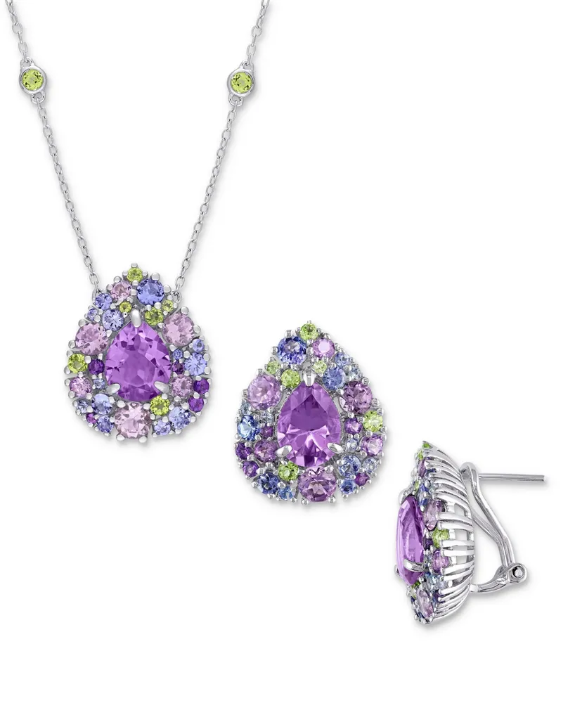 2-Pc. Set Multi-Gemstone (13-1/3 ct. t.w.) Teardrop Halo Cluster Pendant Necklace & Matching Stud Earrings in Sterling Silver - Multi