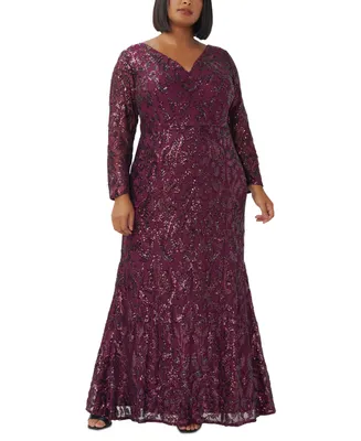 Adrianna Papell Plus Sequined Long-Sleeve V-Neck Gown