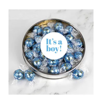 It's a Boy Baby Shower Candy Gift Tin with Chocolate Blue Lindor Truffles by Lindt Large Plastic Tin with Sticker - Assorted Pre