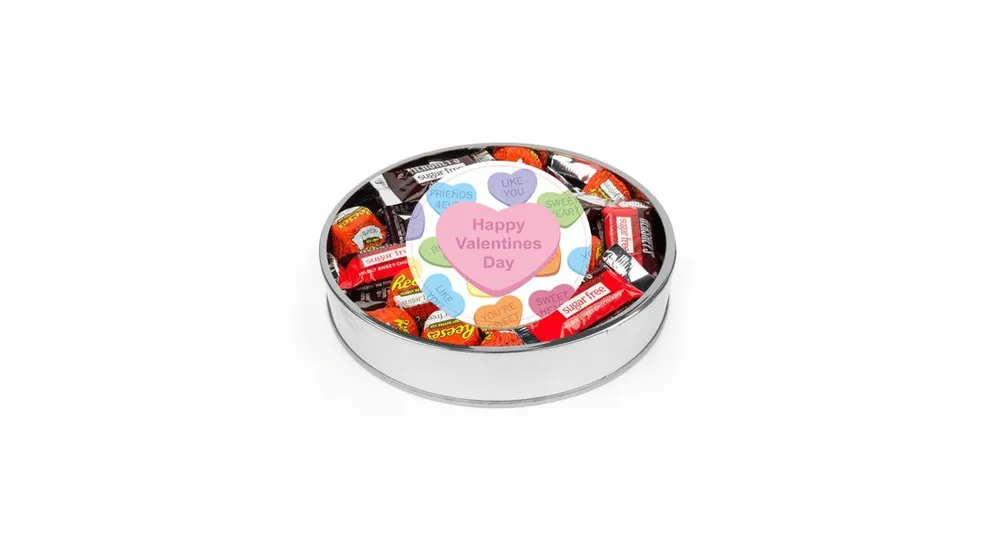 Valentine's Day Sugar Free Candy Gift Tin Large Plastic Tin with Sticker and Hershey's Chocolate & Reese's Mix - Conversation Hearts - Assorted Pre