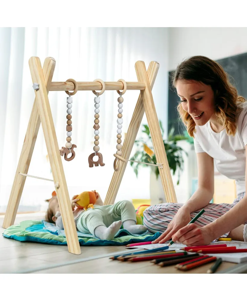 Foldable Wooden Baby Gym with 3 Wooden Baby Teething Toys