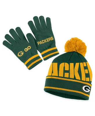 Women's Wear by Erin Andrews Green Green Bay Packers Double Jacquard Cuffed Knit Hat with Pom and Gloves Set