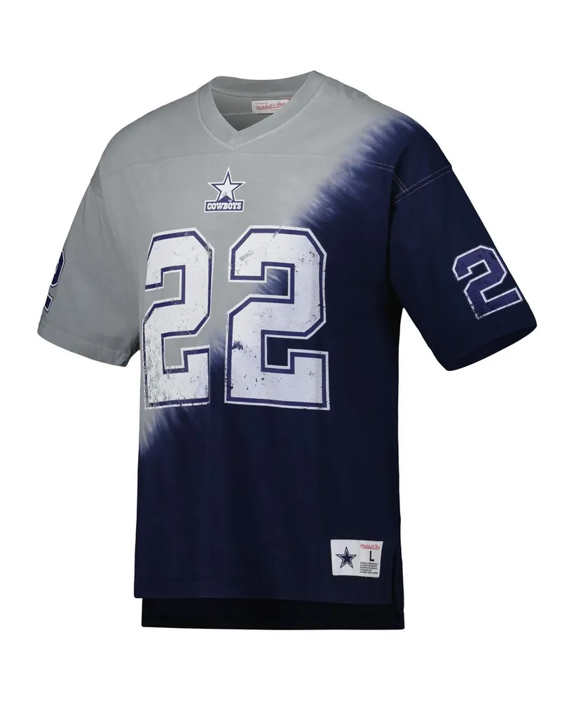 Men's Mitchell & Ness Emmitt Smith Navy, Gray Dallas Cowboys Retired Player Name and Number Diagonal Tie-Dye V-Neck T-shirt