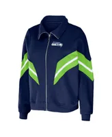 Women's Wear by Erin Andrews College Navy Seattle Seahawks Plus Size Yarn Dye Stripe Full-Zip Jacket