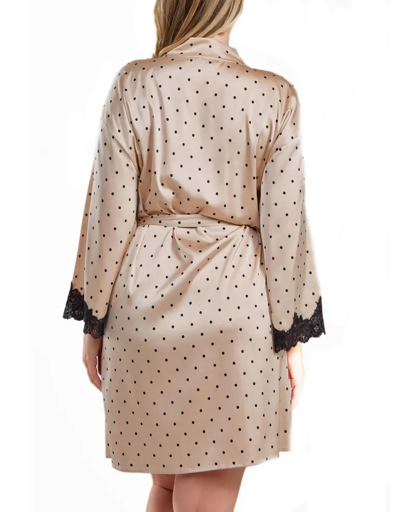 iCollection Kareen Plus Dotted Satin Robe with Lace Trimmed Sleeves and Self Tie Sash