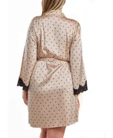 iCollection Kareen Plus Dotted Satin Robe with Lace Trimmed Sleeves and Self Tie Sash