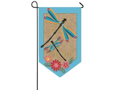 Evergreen Dragonflies and Flowers Shaped Burlap Garden Flag