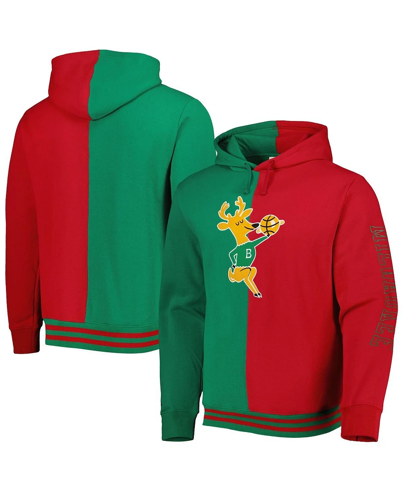 Men's Mitchell & Ness Green, Red Milwaukee Bucks Hardwood Classics Split Pullover Hoodie