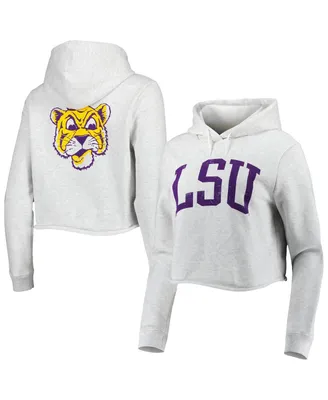 Women's League Collegiate Wear Ash Lsu Tigers 2-Hit 1636 Cropped Pullover Hoodie