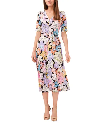 Msk Petite Floral-Print Belted Short-Sleeve Midi Dress
