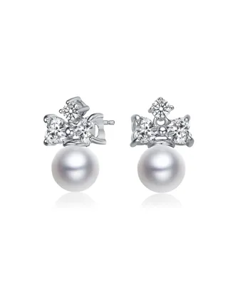 Genevive Gv Sterling Silver White Gold Plated White Round Freshwater Pearl with Clear Heart and Round Cubic Zirconia Earrings