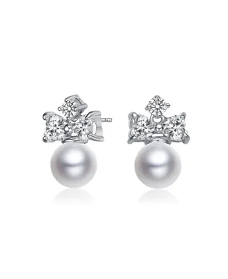 Gv Sterling Silver White Gold Plated White Round Freshwater Pearl with Clear Heart and Round Cubic Zirconia Earrings