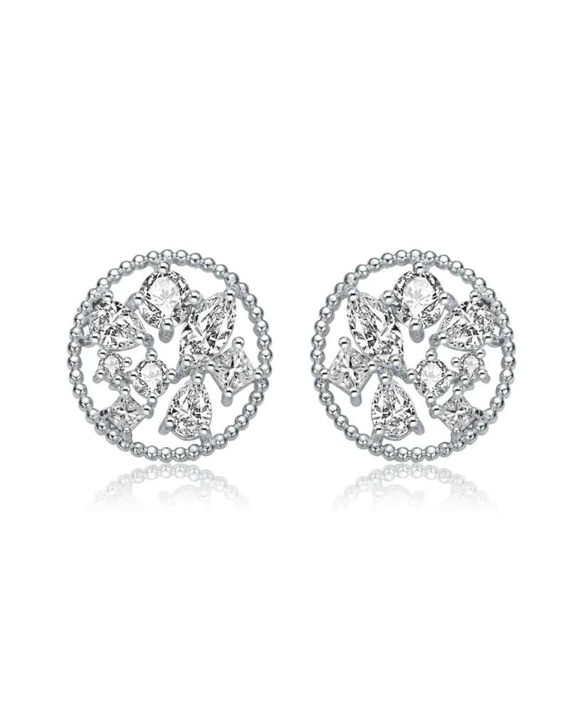 Genevive Gv Sterling Silver White Gold Plated Ball Halo with Clear Multi Shape Cubic Zirconia Round Earrings
