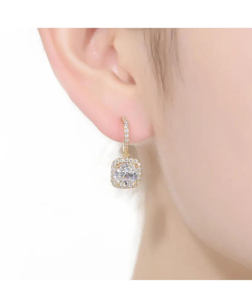 Genevive Gv Sterling Silver with Gold Plated Clear Cushion with Round Cubic Zirconia Halo Drop Earrings