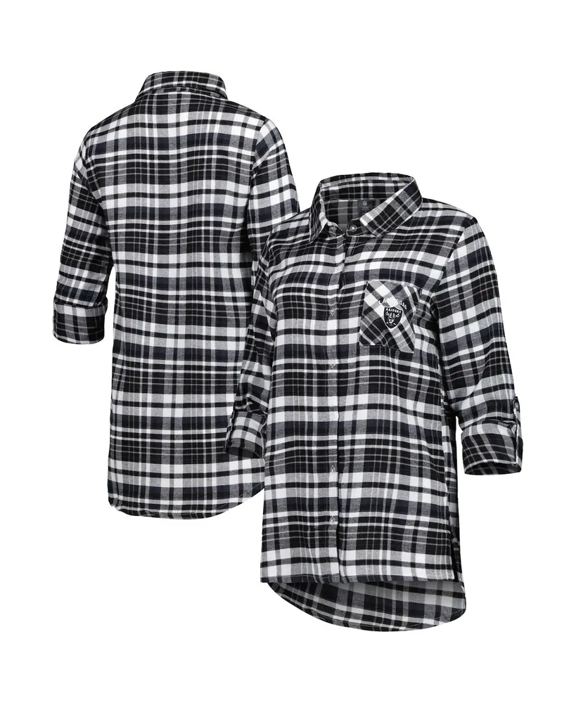 Women's Concepts Sport Black, Silver Las Vegas Raiders Mainstay Flannel Full-Button Long Sleeve Nightshirt