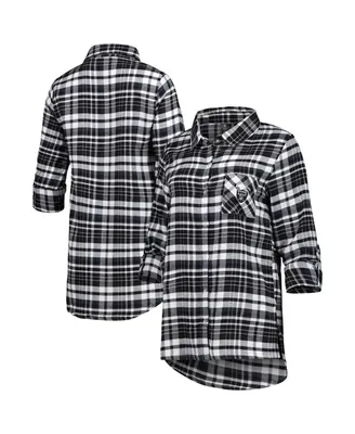 Women's Concepts Sport Black, Silver Las Vegas Raiders Mainstay Flannel Full-Button Long Sleeve Nightshirt