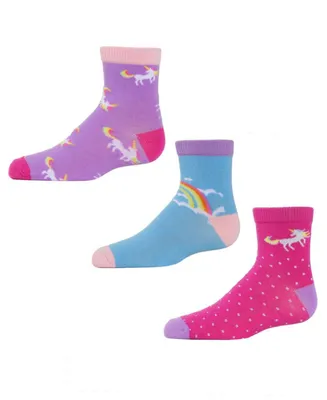 3 Pairs Girl's Unicorn Cotton Blend Ankle Socks - Assorted Pre
