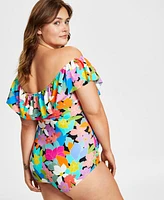 Swim Solutions Plus Tummy Control Off-The-Shoulder Ruffled Swimsuit, Created For Macy's