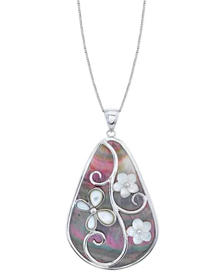 Black & White Mother of Pearl Flower 18" Pendant Necklace in Sterling Silver