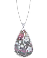 Black & White Mother of Pearl Flower 18" Pendant Necklace in Sterling Silver