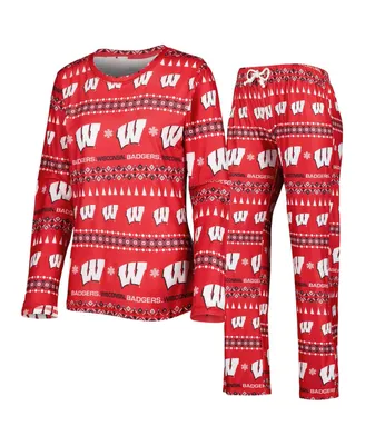 Women's Concepts Sport Red Wisconsin Badgers Flurry Ugly Sweater Long Sleeve T-shirt and Pants Sleep Set