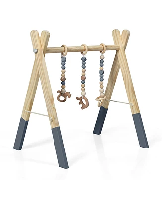Costway Baby Foldable Wooden Gym with 3 Wooden Teething Toys
