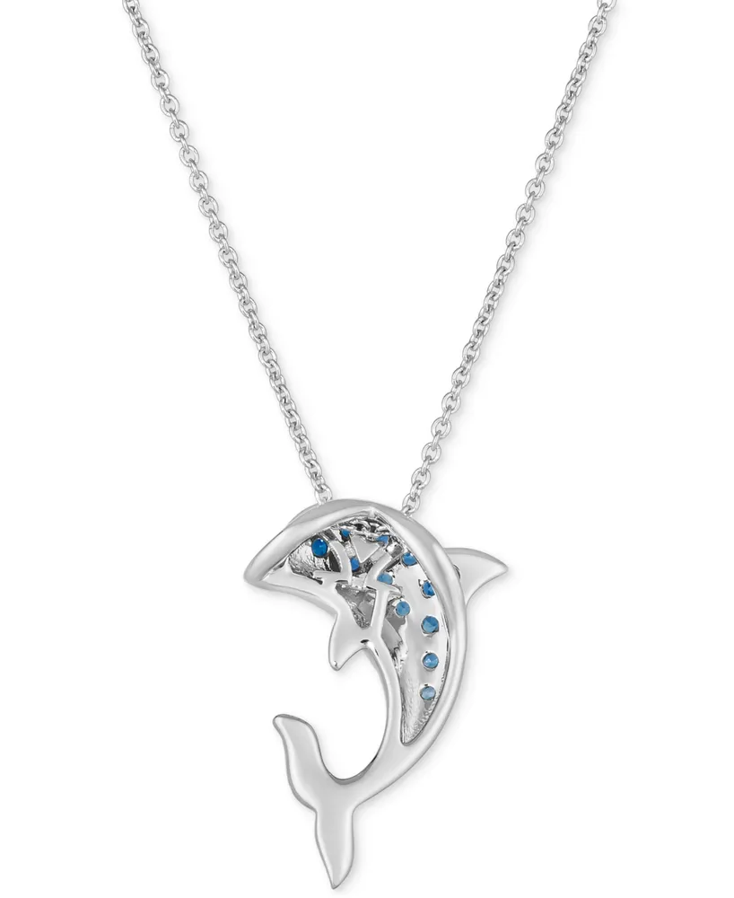Le Vian Denim Ombre (1/5 ct. t.w.) & White Sapphire Accent Dolphin Blue Enamel Pendant Necklace in 14k White Gold, 18" + 2" extender